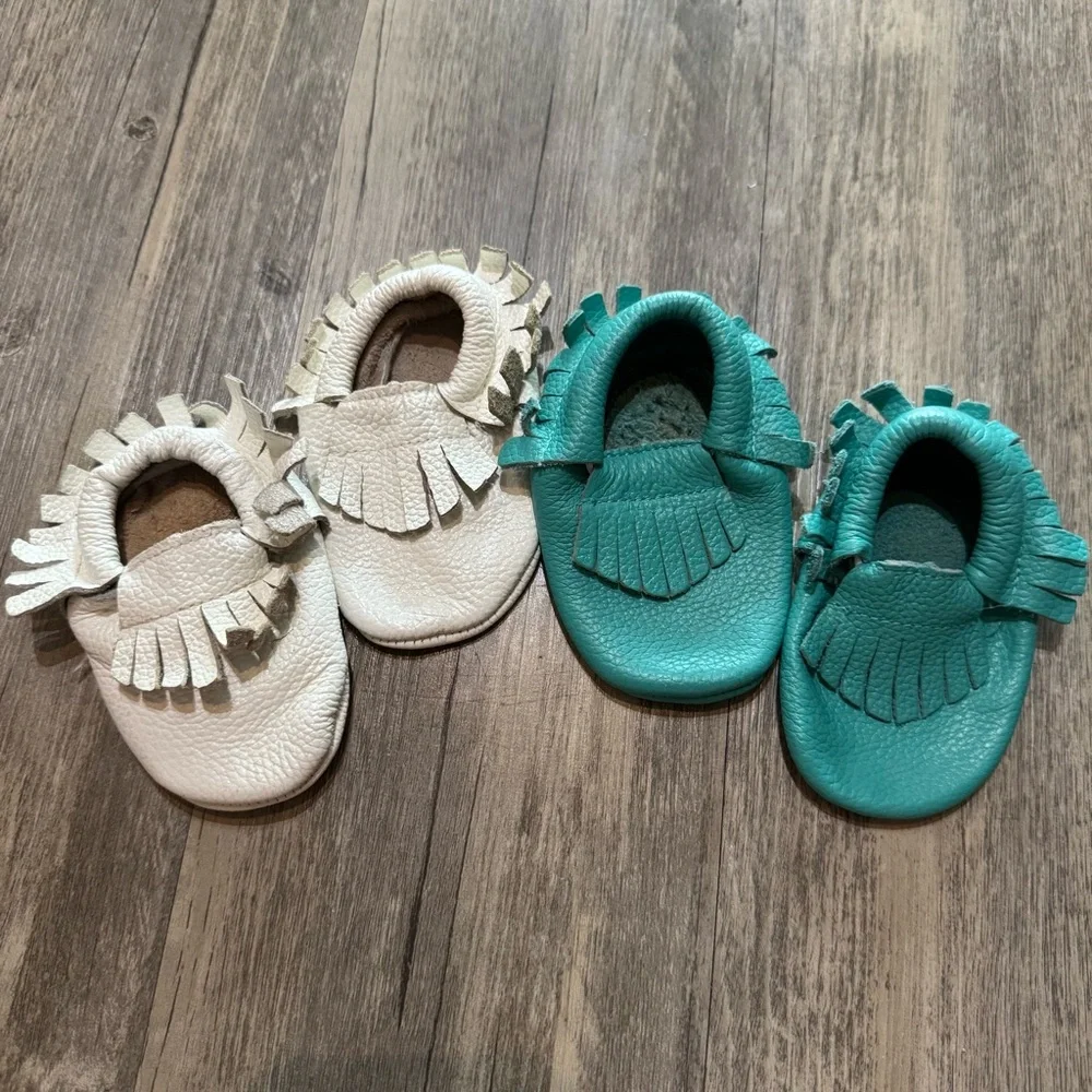 Chic Cream and Teal Kids Moccasins